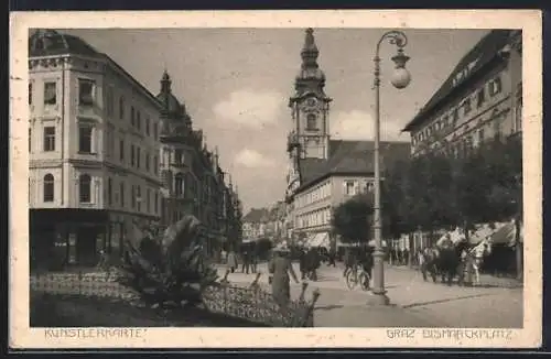 AK Graz, Bismarckplatz, Kutsche und Passanten