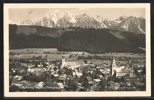 AK Schladming, Ortsansicht mit Dachsteingruppe