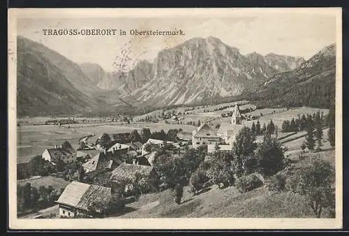 AK Tragöss-Oberort in Obersteiermark, Ortsansicht mit Blick ins Land und aufs Gebirge