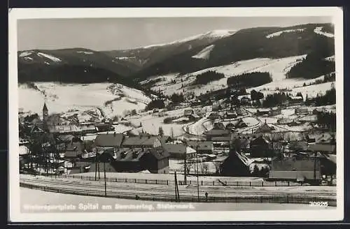 AK Spital am Semmering, Blick über den winterlich verschneiten Ort auf den Stuhleck