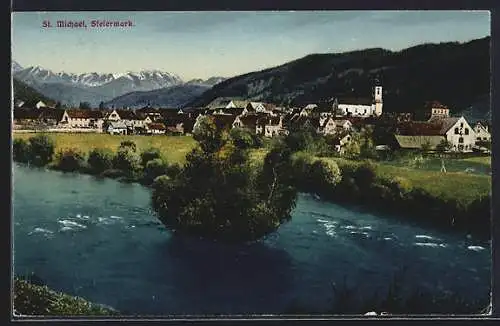 AK St. Michael /Steiermark, Blick über den Fluss auf den Ort