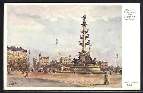 Künstler-AK Erwin Pendl: Wien, II. Praterstern mit Tegetthoff-Denkmal