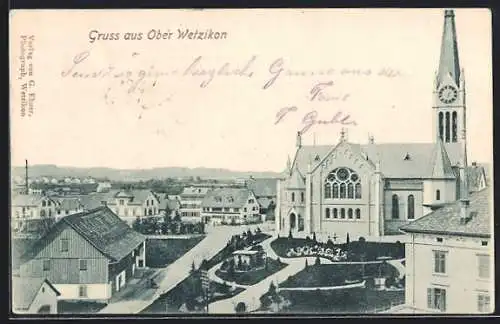 AK Wetzikon /ZH, Ober Wetzikon, Ortspartie mit Kirche