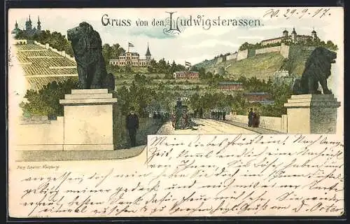 Lithographie Würzburg, Blick auf Ludwigsterrassen