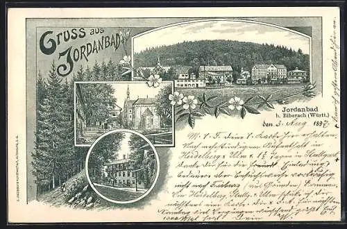 Lithographie Biberach / Riss, Jordanbad, Kirche und Partie im Wald