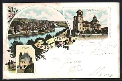 Lithographie Kempten / Allgäu, Blick auf die Stadt mit katholischer Kirche und Burghalde