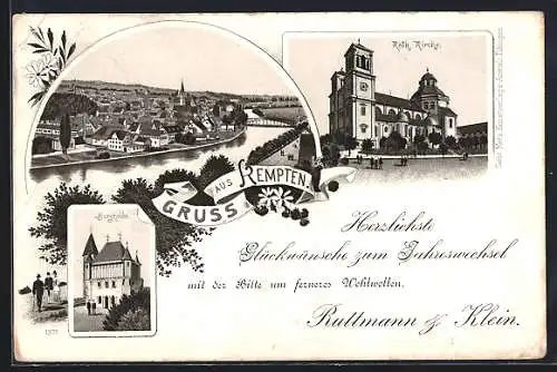 Lithographie Kempten / Allgäu, Gesamtansicht mit der Kirche, die katholische Kirche, die Burghalde