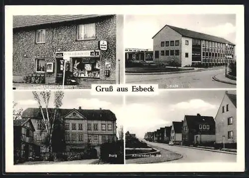 AK Esbeck / Schöningen, Geschäftshaus Neumann, Schule, Burg, Alversdorfer Strasse