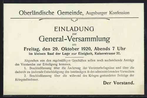 AK Frankfurt, Oberländische Gemeinde Augsburger Konfession, Einladung zur General-Versammlung 1920, Loge zur Einigkeit