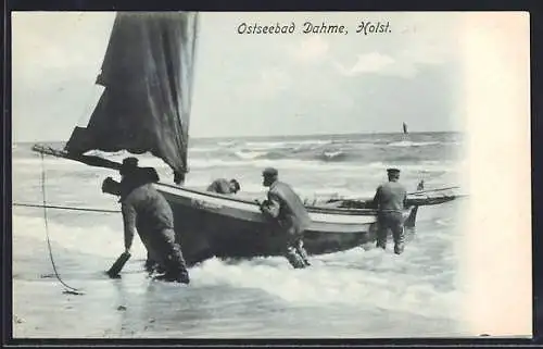 AK Dahme / Ostseebad, Fischerboot in der Dünung