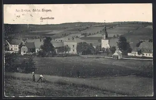 AK Schellerhau /Sächs. Erzgeb., Ortspartie mit Sportheim