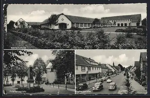 AK Bergen /Kr. Celle, Mittelschule, Friedensplatz, Cellerstrasse