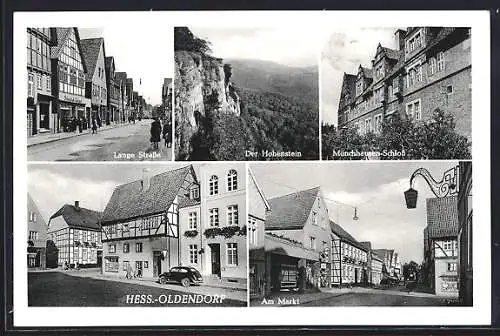 AK Hess.-Oldendorf, Strassenpartie mit Geschäft, Münchhausen-Schloss, Hohenstein