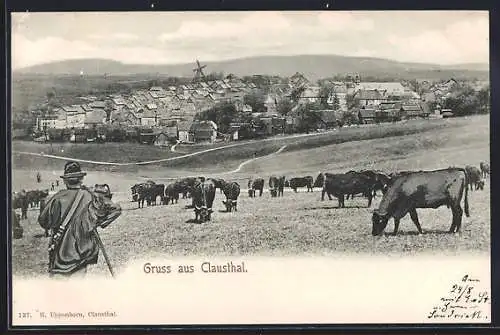 AK Clausthal, Teilansicht und Hirte mit Rindern, Im Hintergrund Windmühle