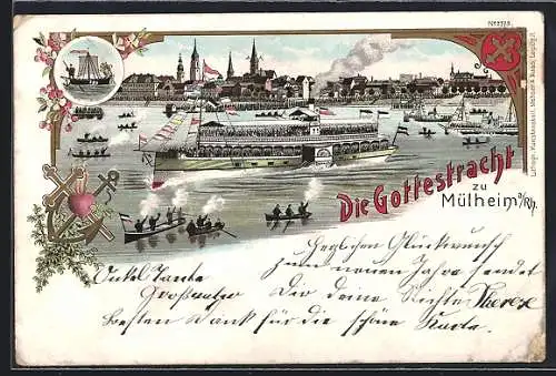 Lithographie Mülheim a. Rh., Gottestracht, Dampfer Stadt Köln