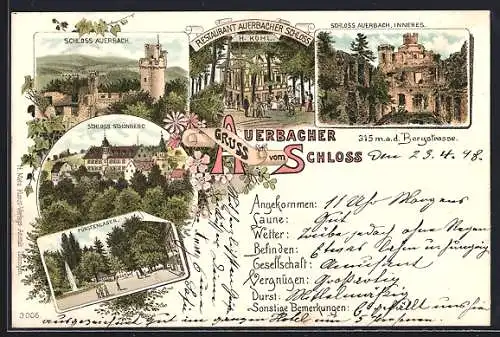 Lithographie Auerbach / Bergstrasse, Restaurant Auerbacher Schloss, Schloss Schönberg, Fürstenlager