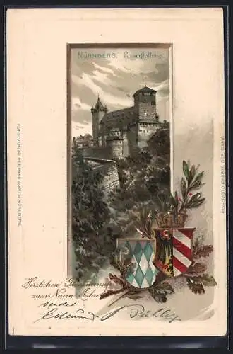 Passepartout-Lithographie Nürnberg, Blick zur Kaiserstallung, Neujahrsgruss