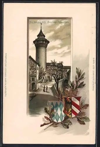 Passepartout-Lithographie Nürnberg, Blick auf das Brunnenhäuschen, Nürnberger und Bayrisches Wappen