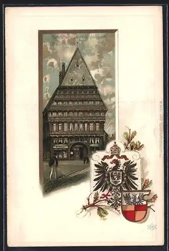 Passepartout-Lithographie Hildesheim, Ansicht vom Knochenhaueramtshaus, Wappen