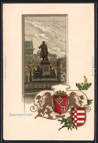 Passepartout-Lithographie Bremerhaven, Wappen, Bürgermeister Smidt-Denkmal um 1900