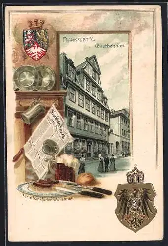 Passepartout-Lithographie Alt-Frankfurt, Goethehaus, Frankfurter Würstchen, Wappen