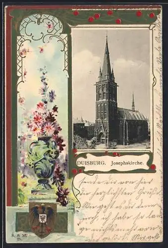 Passepartout-Lithographie Duisburg, Josephskirche, Wappen mit Vase