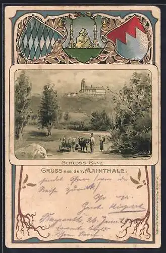 Passepartout-Lithographie Staffelstein / Mainthal, Blick zum Schloss Banz mit Wappen