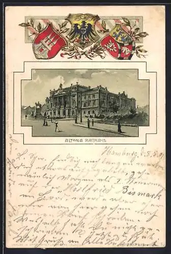 Passepartout-Lithographie Hamburg-Altona, Rathaus mit Passanten, Wappen