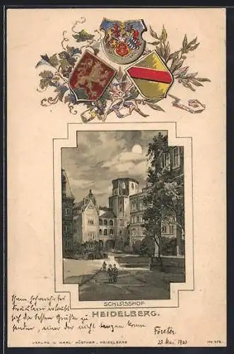 Passepartout-Lithographie Heidelberg, Schlosshof, Stadt-Wappen