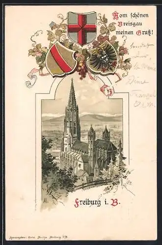 Passepartout-Lithographie Freiburg i. B., Kirche aus der Vogelschau, Wappen