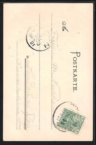 Passepartout-Lithographie Freiburg i. B., Kirche aus der Vogelschau, Wappen