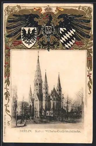 Passepartout-Lithographie Berlin-Charlottenburg, Kaiser Wilhelm-Gedächtniskirche, Wappen Preussens