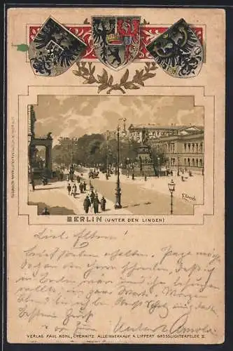 Passepartout-Lithographie Berlin, Unter den Linden, Wappen