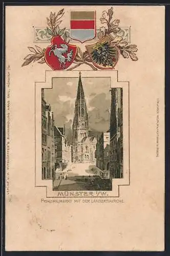 Passepartout-Lithographie Münster i. W., Prinzipalmarkt mit Lambertikirche, Wappen