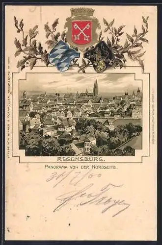 Passepartout-Lithographie Regensburg, Panorama von der Nordseite, Wappen