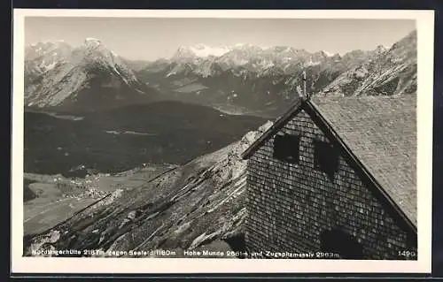 AK Nördlingerhütte, Berghütte gegen Seefeld, mit Hohe Munde und Zugspitzmassiv