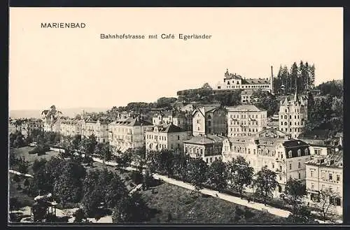 AK Marienbad, Bahnhofstrasse mit Cafe Egerländer