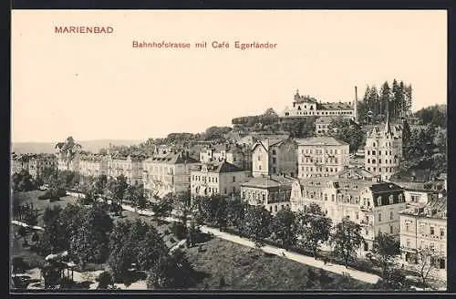 AK Marienbad, Bahnhofstrasse mit Cafe Egerländer