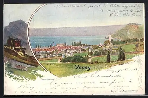 Lithographie Vevey, Ortschaft gegen das Ufer