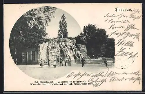 AK Budapest, Wasserfall auf der Sct. Margarethen-Insel