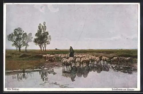 Künstler-AK Otto Strützel: Schafherde am Wasser