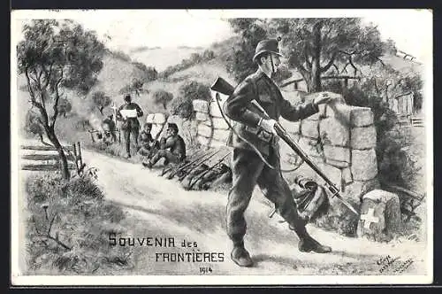 Künstler-AK Souvenir des Frontieres 1914, Grenzbesetzung, schweizer Soldaten