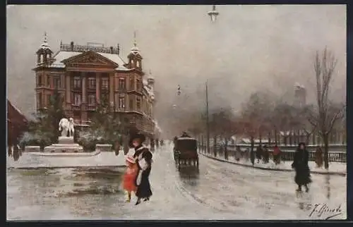 Künstler-AK Zürich, Strassenpartie am Geiserbrunnen im Winter