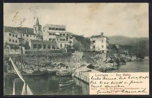 AK Lovrana, Blick vom Hafen auf Hotels Königsvilla und Miramar