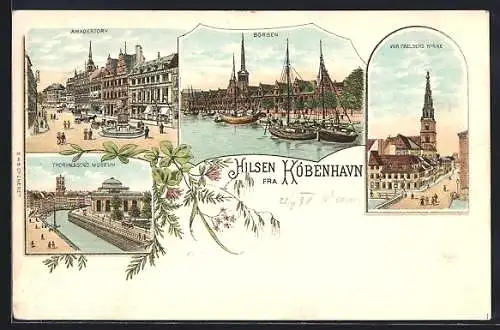 Lithographie Kóbenhavn, Börsen, Amagertorv, Thorvaldsen`s Museum