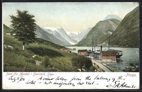 AK Fjaerland, Parti fra Mundal, Blick von Anhöhe auf Strasse, Meer, Dampfer, Holzhäuser und Berge