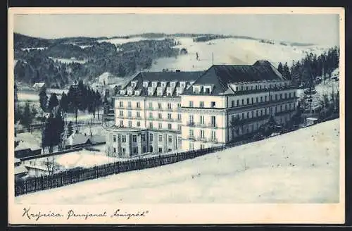 AK Krynica, Sanatorium Löwenburg im Schnee