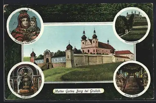 AK Grulich, Mutter Gottes Berg mit Kirche, Marienbild, Hauptaltar, Heilige Stiege, Wallfahrtsweg