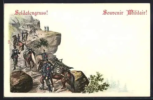 Lithographie Soldatengruss, Schweizer Gebirgsjäger auf einem Marsch durch die Berge