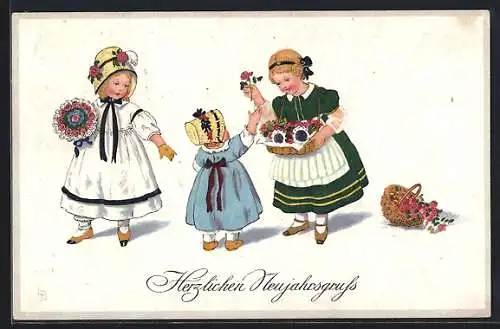 Künstler-AK Lia Döring: Blumenverkäuferin mit Mädchen und Kleinkind, Geburtstagsgruss